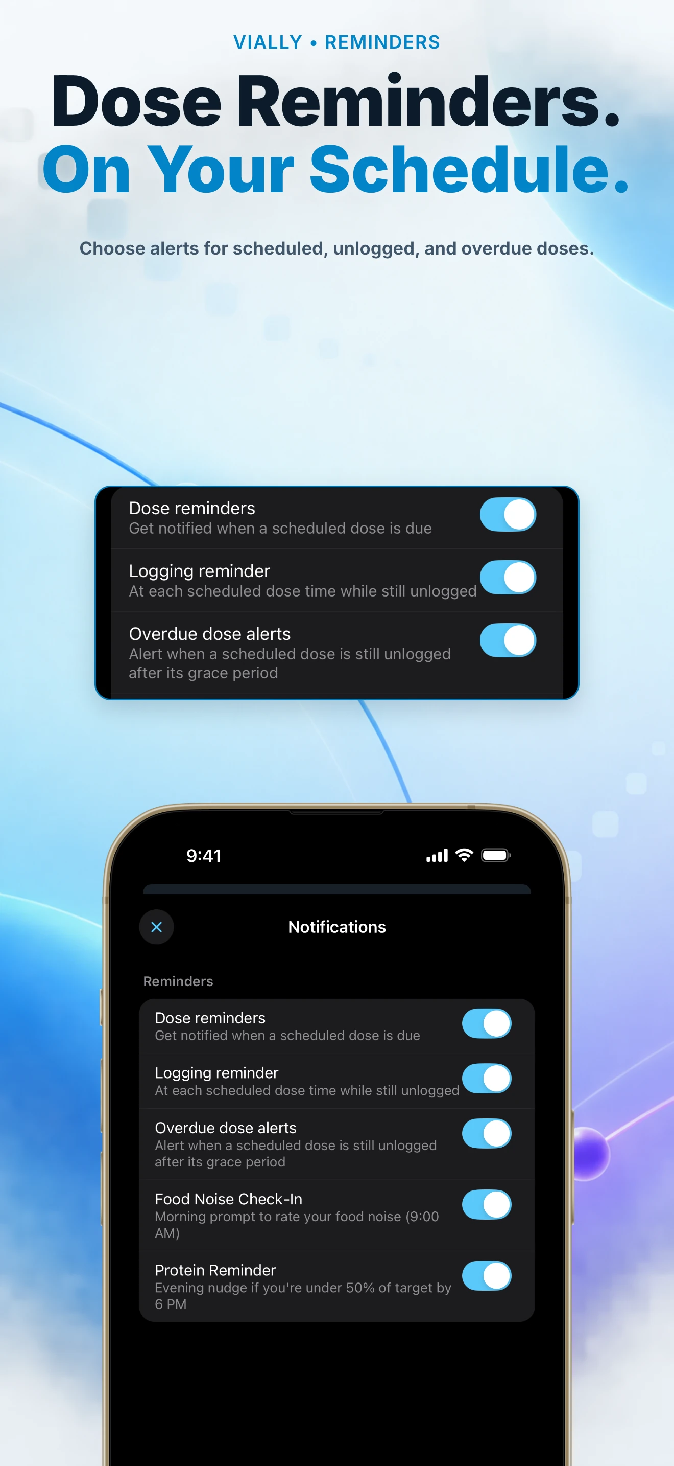 Vially notification settings for scheduled, unlogged, and overdue dose reminders.