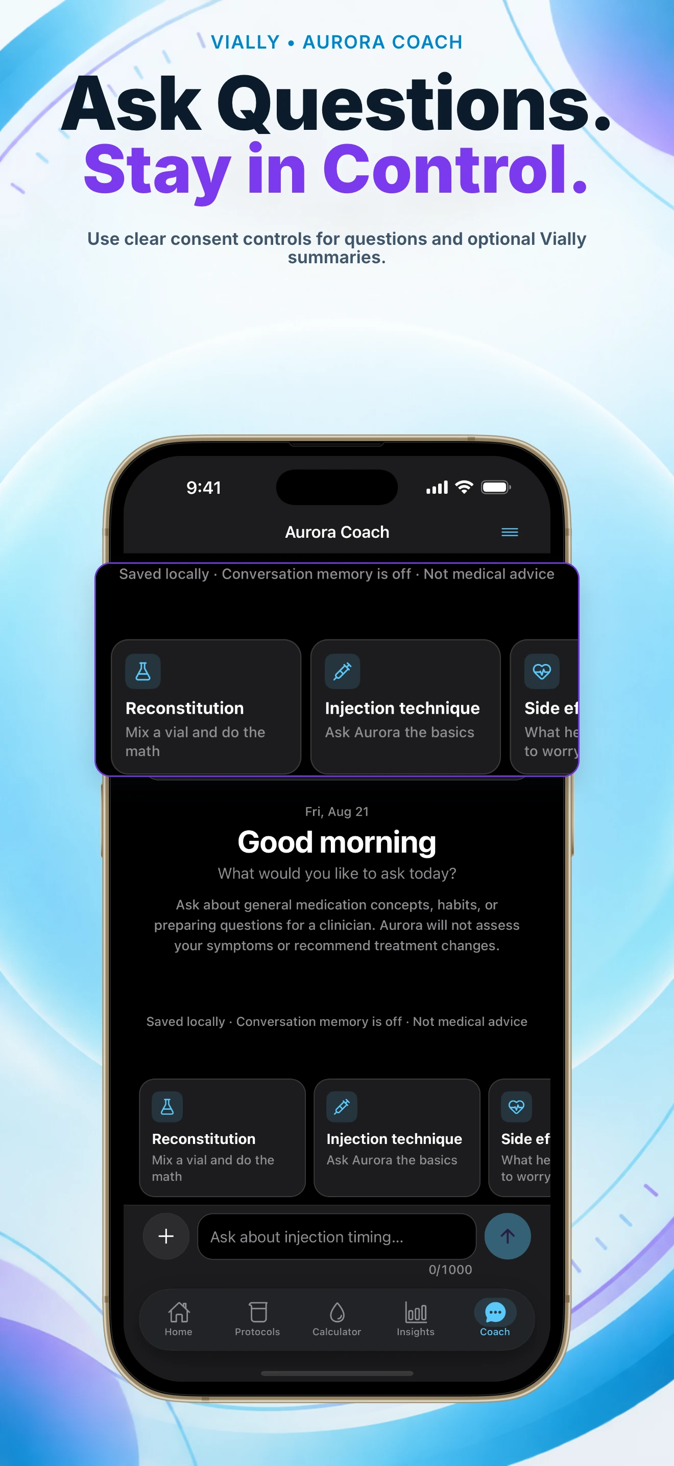 Aurora Coach screen with educational starter topics and local conversation controls.